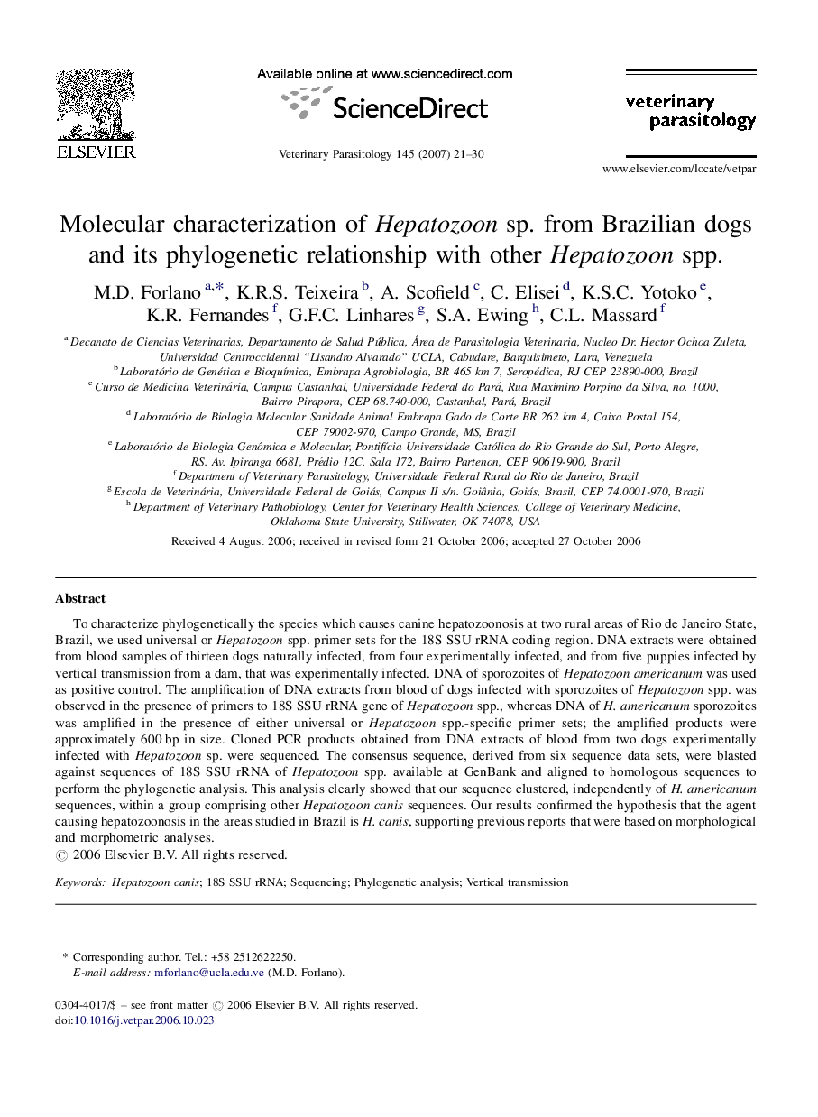 Molecular characterization of Hepatozoon sp. from Brazilian dogs and its phylogenetic relationship with other Hepatozoon spp.