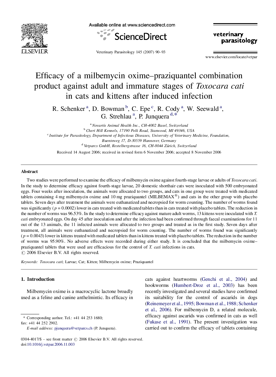 Efficacy of a milbemycin oxime-praziquantel combination product against adult and immature stages of Toxocara cati in cats and kittens after induced infection