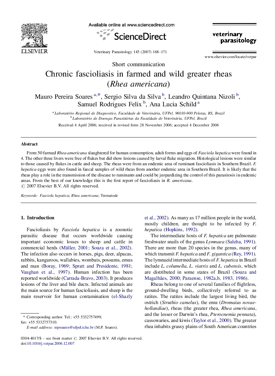 Chronic fascioliasis in farmed and wild greater rheas (Rhea americana)