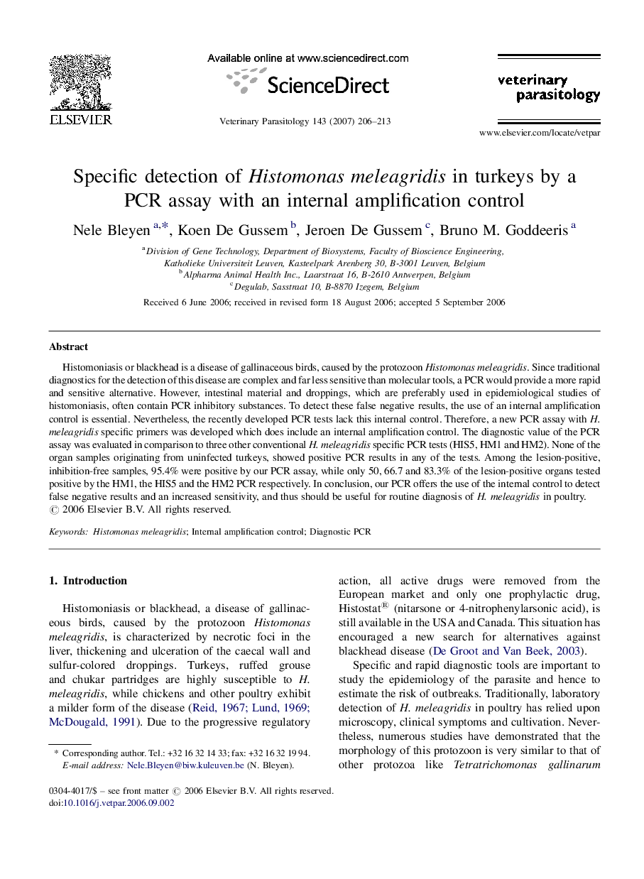 Specific detection of Histomonas meleagridis in turkeys by a PCR assay with an internal amplification control