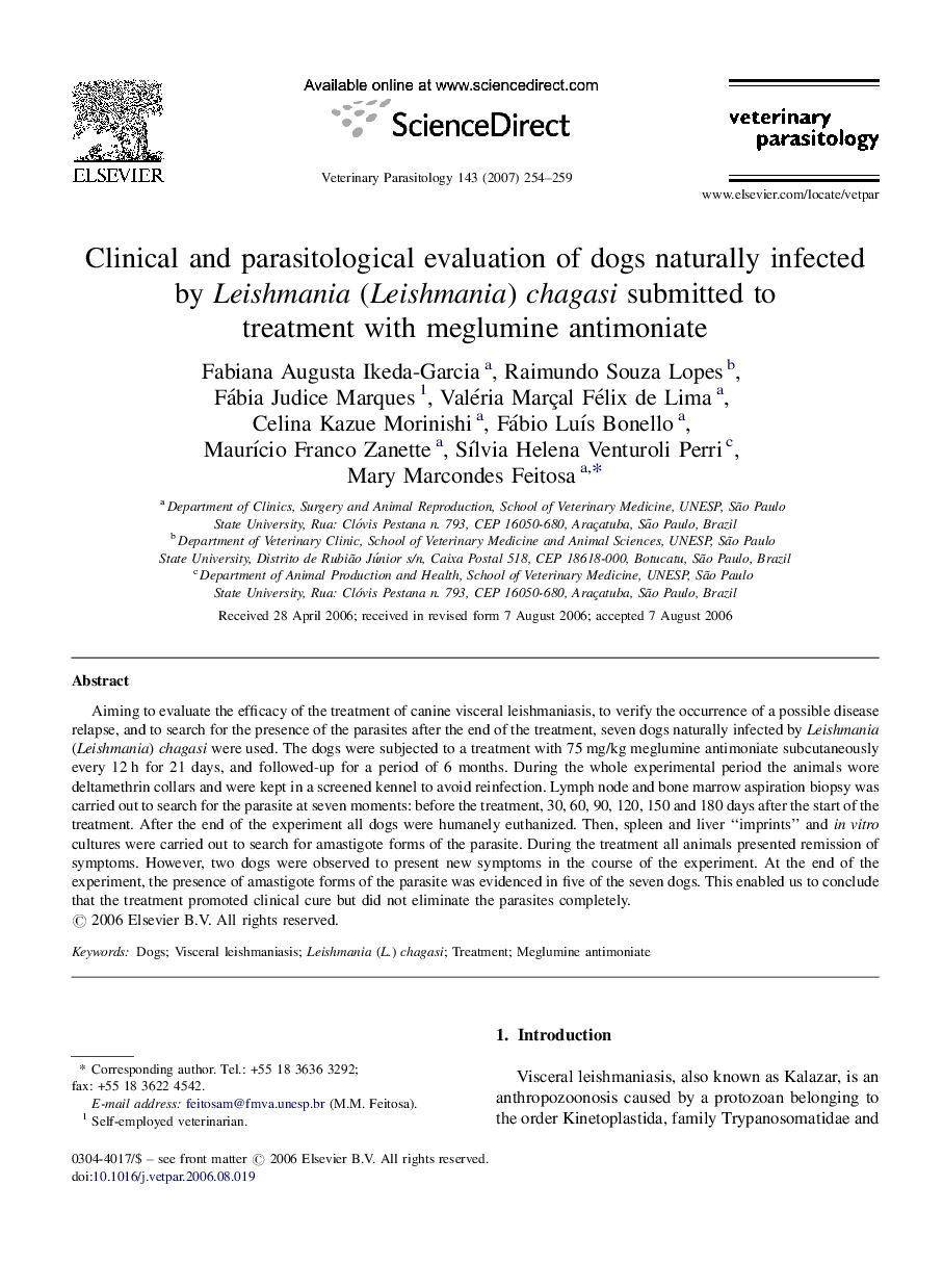 Clinical and parasitological evaluation of dogs naturally infected by Leishmania (Leishmania) chagasi submitted to treatment with meglumine antimoniate