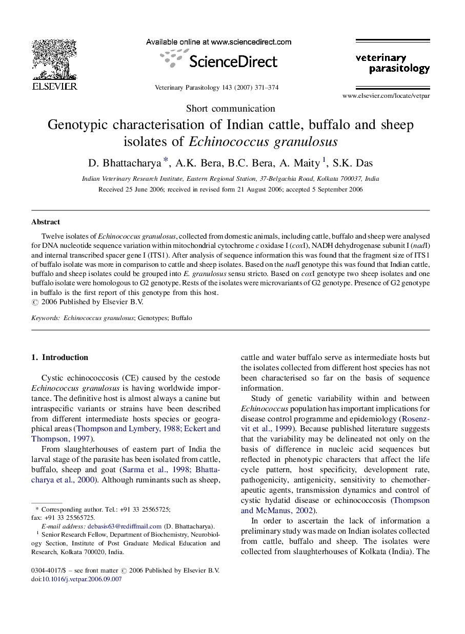 Genotypic characterisation of Indian cattle, buffalo and sheep isolates of Echinococcus granulosus