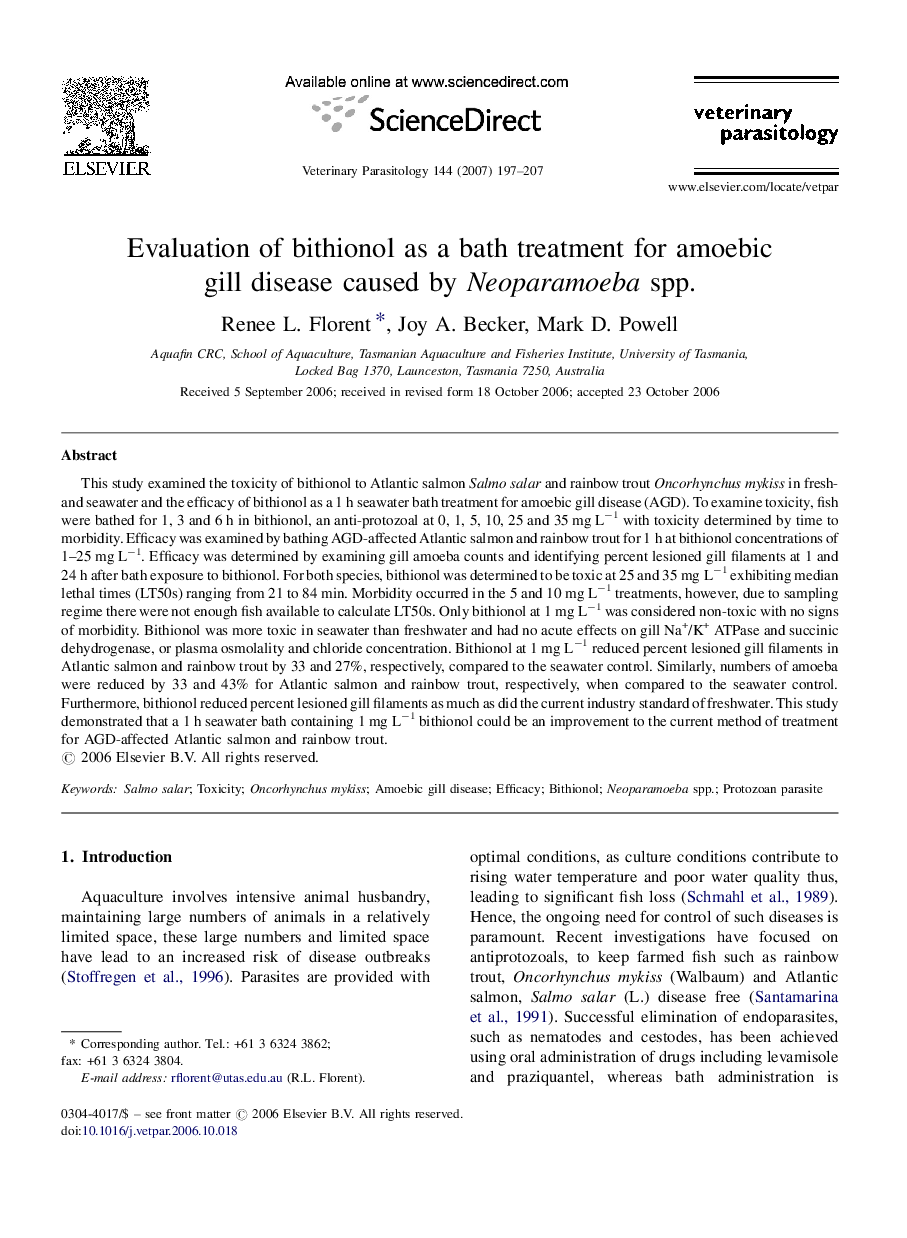 Evaluation of bithionol as a bath treatment for amoebic gill disease caused by Neoparamoeba spp.