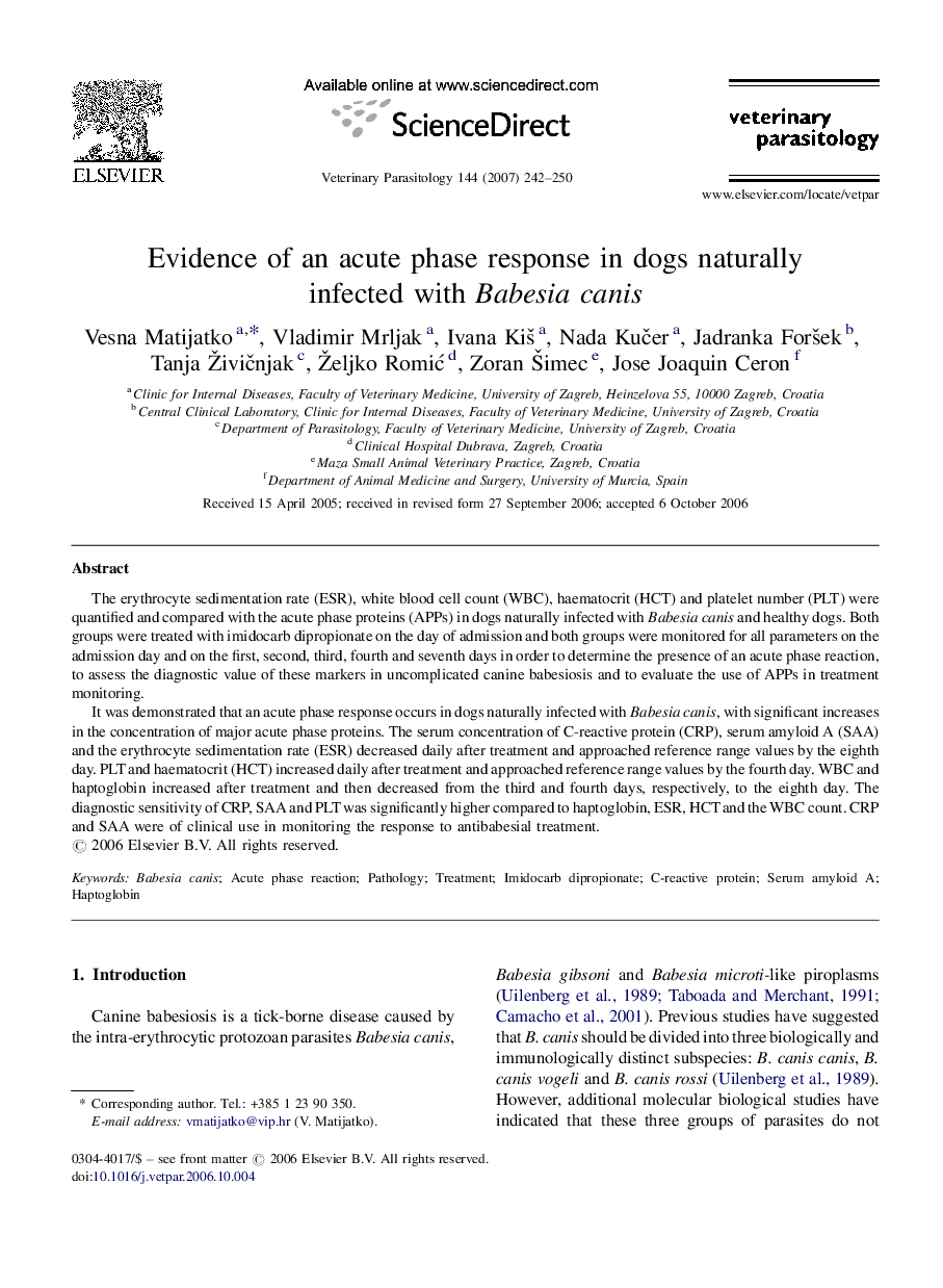 Evidence of an acute phase response in dogs naturally infected with Babesia canis