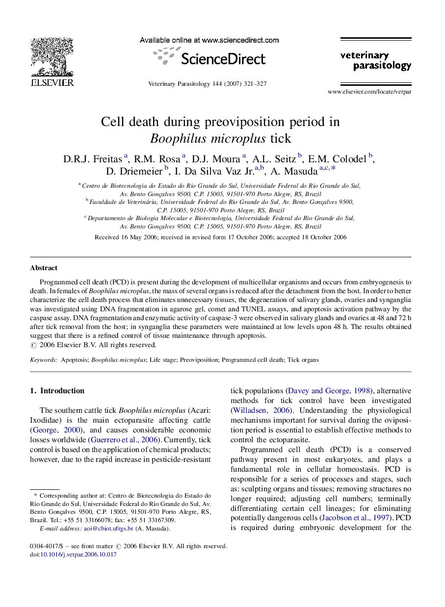 Cell death during preoviposition period in Boophilus microplus tick