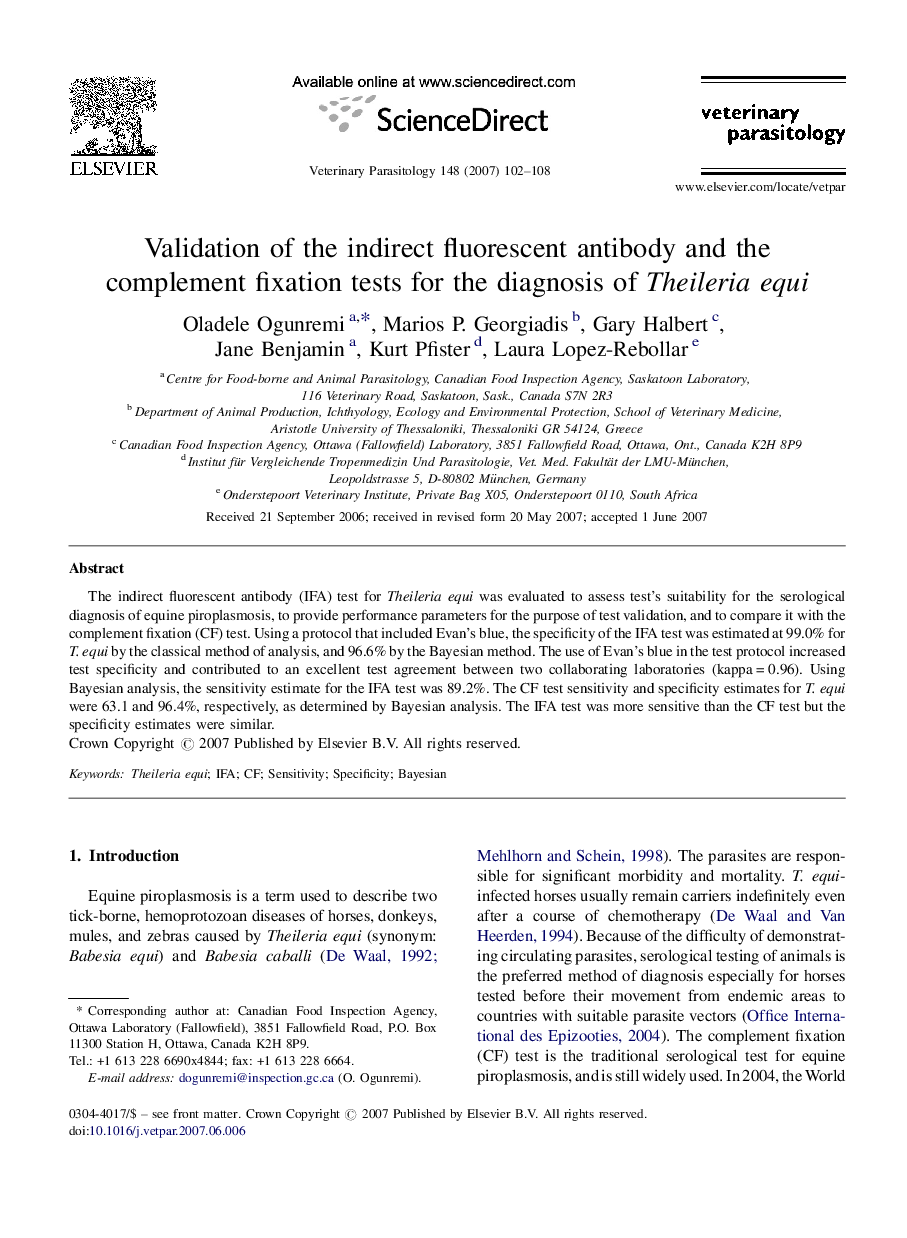 Validation of the indirect fluorescent antibody and the complement fixation tests for the diagnosis of Theileria equi