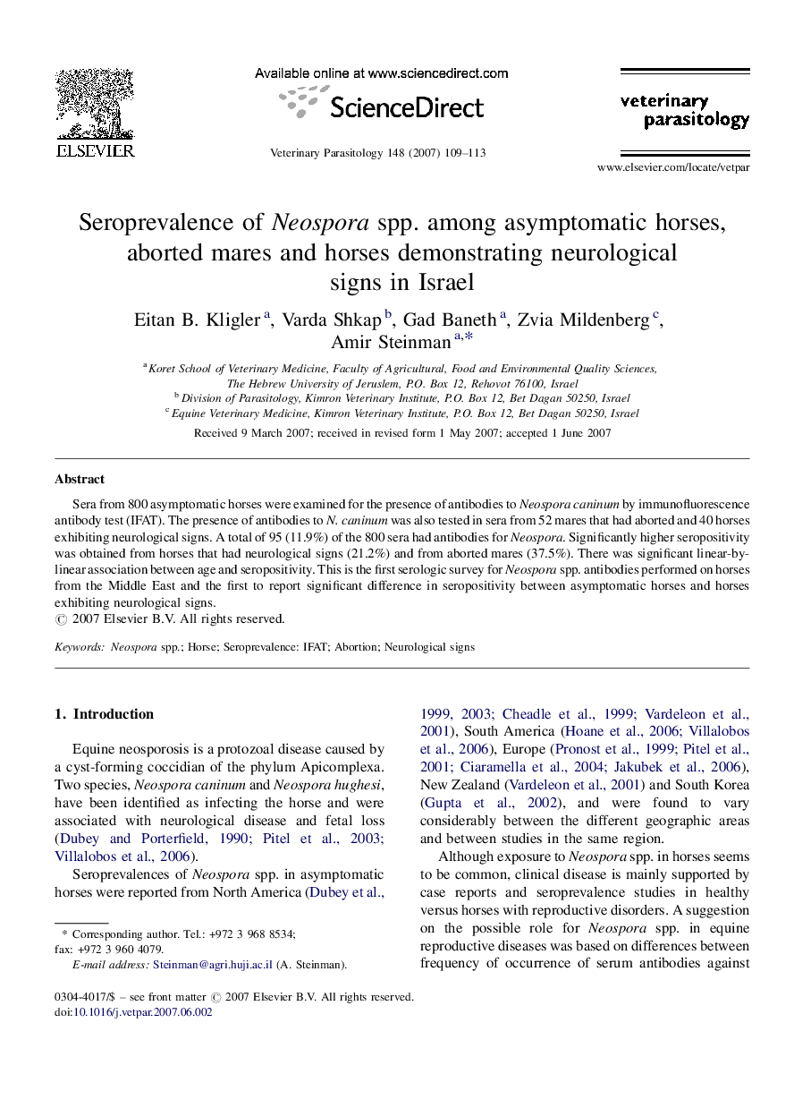 Seroprevalence of Neospora spp. among asymptomatic horses, aborted mares and horses demonstrating neurological signs in Israel