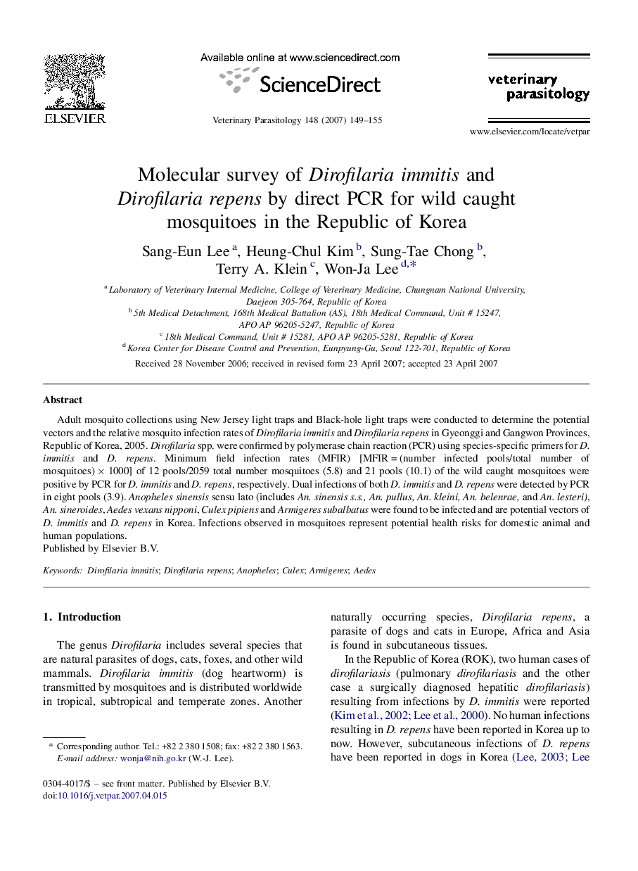 Molecular survey of Dirofilaria immitis and Dirofilaria repens by direct PCR for wild caught mosquitoes in the Republic of Korea