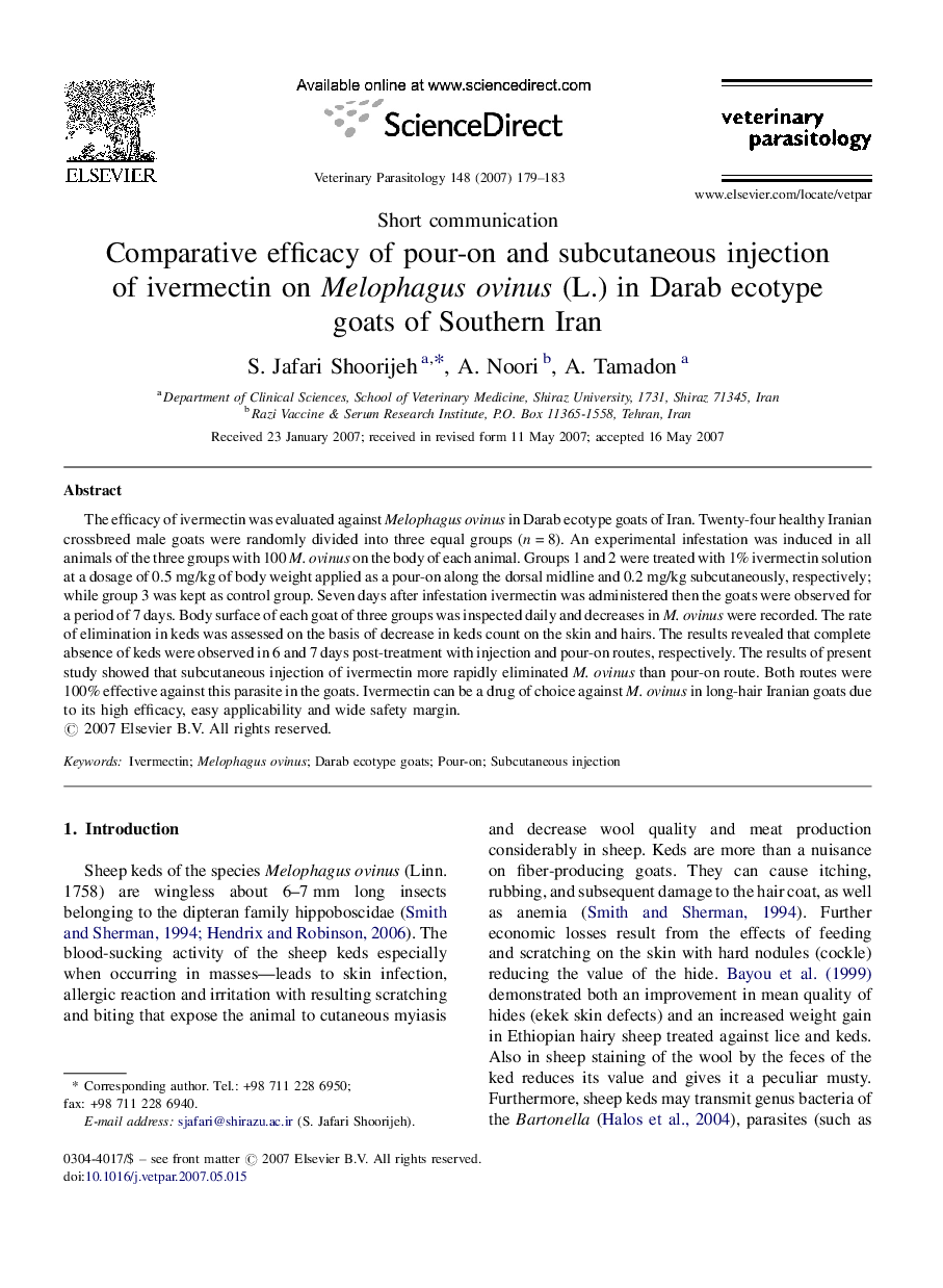 Comparative efficacy of pour-on and subcutaneous injection of ivermectin on Melophagus ovinus (L.) in Darab ecotype goats of Southern Iran