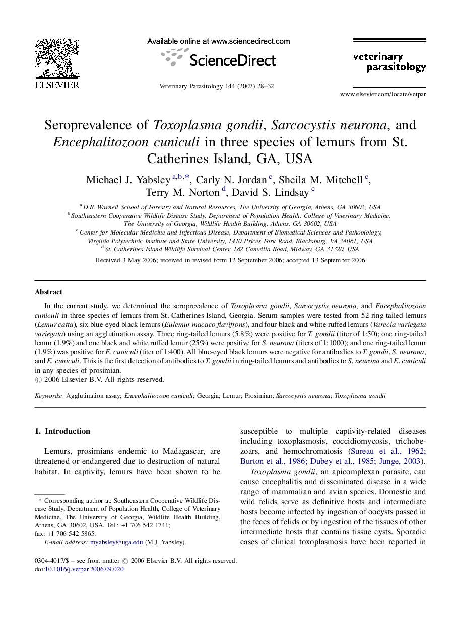 Seroprevalence of Toxoplasma gondii, Sarcocystis neurona, and Encephalitozoon cuniculi in three species of lemurs from St. Catherines Island, GA, USA