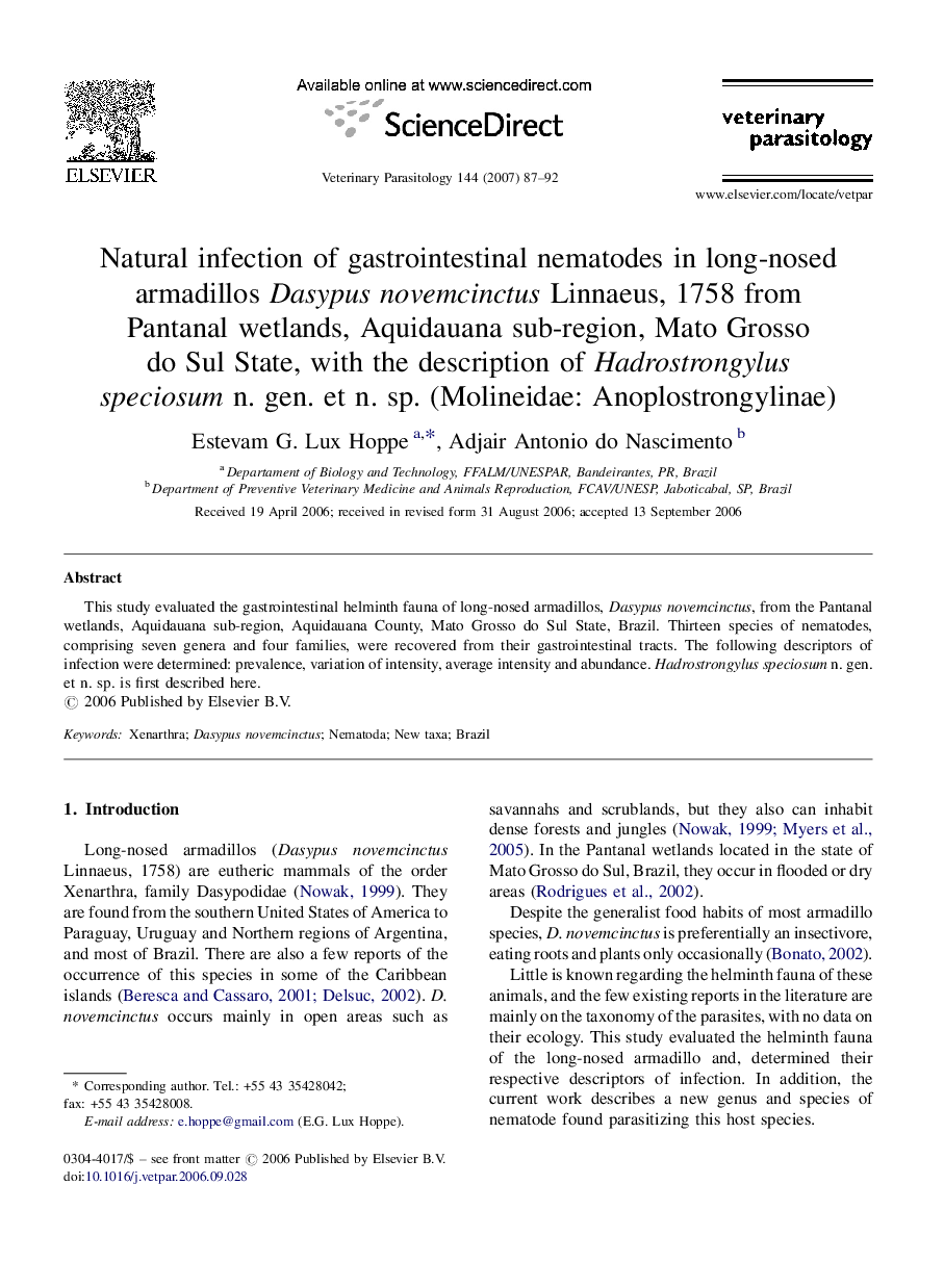 Natural infection of gastrointestinal nematodes in long-nosed armadillos Dasypus novemcinctus Linnaeus, 1758 from Pantanal wetlands, Aquidauana sub-region, Mato Grosso do Sul State, with the description of Hadrostrongylus speciosum n. gen. et n. sp. (Moli