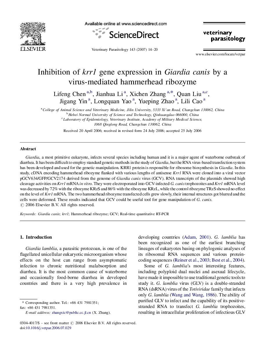 Inhibition of krr1 gene expression in Giardia canis by a virus-mediated hammerhead ribozyme