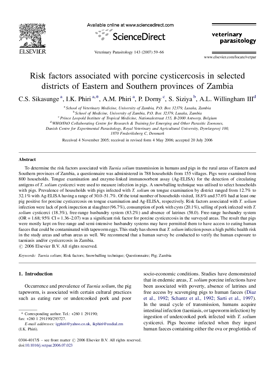 Risk factors associated with porcine cysticercosis in selected districts of Eastern and Southern provinces of Zambia