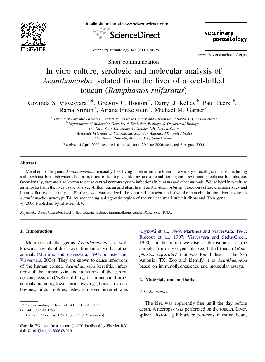 In vitro culture, serologic and molecular analysis of Acanthamoeba isolated from the liver of a keel-billed toucan (Ramphastos sulfuratus)