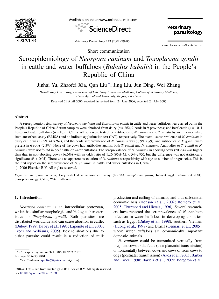 Seroepidemiology of Neospora caninum and Toxoplasma gondii in cattle and water buffaloes (Bubalus bubalis) in the People's Republic of China