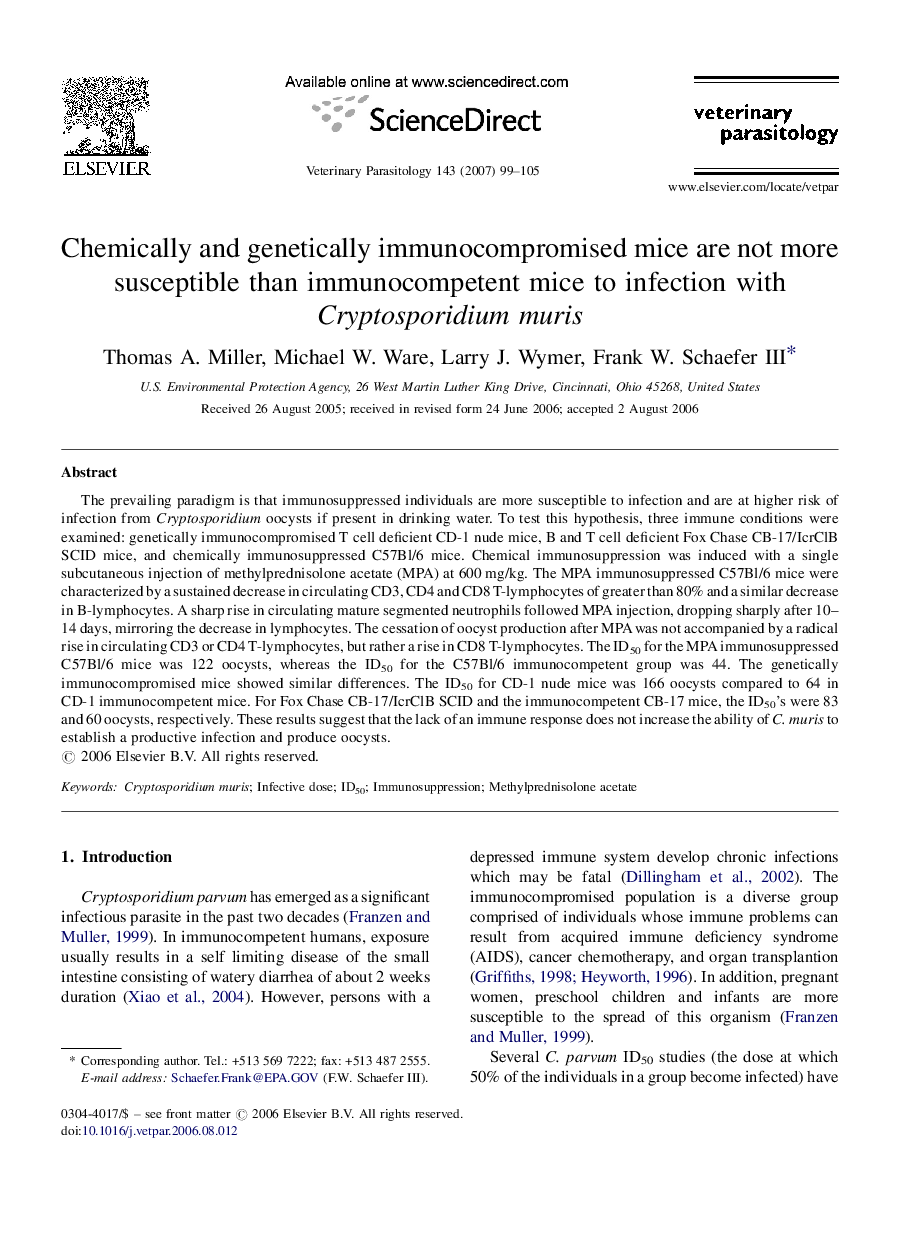 Chemically and genetically immunocompromised mice are not more susceptible than immunocompetent mice to infection with Cryptosporidium muris