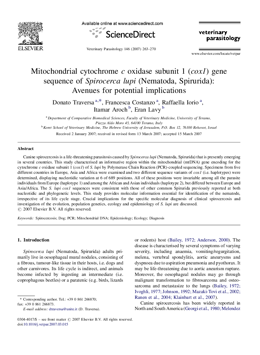 Mitochondrial cytochrome c oxidase subunit 1 (cox1) gene sequence of Spirocerca lupi (Nematoda, Spirurida): Avenues for potential implications