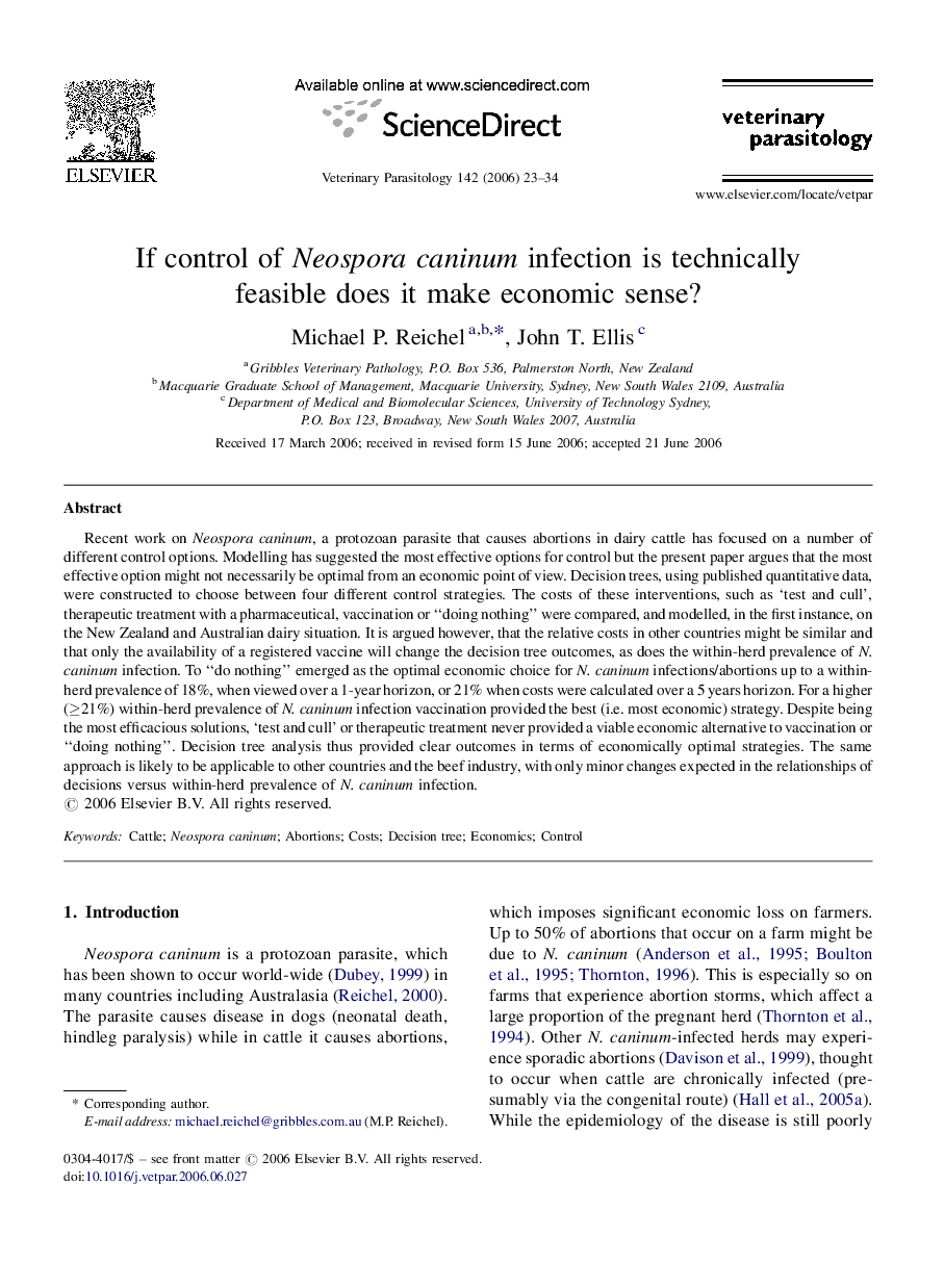 If control of Neospora caninum infection is technically feasible does it make economic sense?