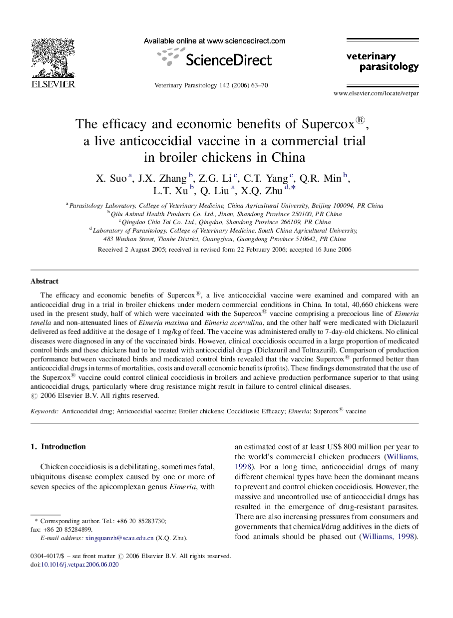 The efficacy and economic benefits of Supercox®, a live anticoccidial vaccine in a commercial trial in broiler chickens in China