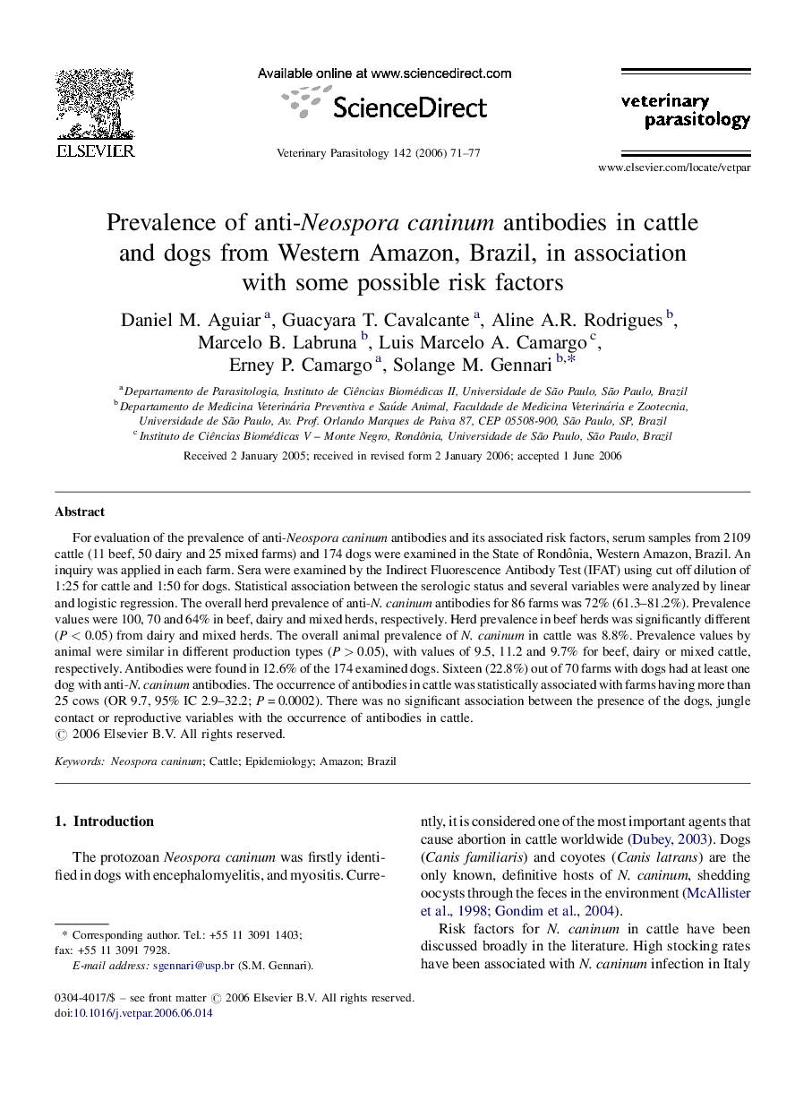 Prevalence of anti-Neospora caninum antibodies in cattle and dogs from Western Amazon, Brazil, in association with some possible risk factors