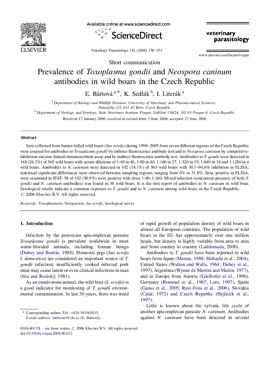 Prevalence of Toxoplasma gondii and Neospora caninum antibodies in wild boars in the Czech Republic