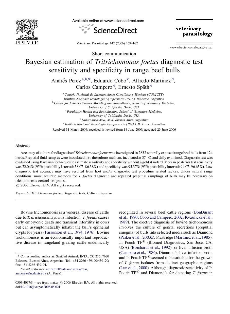 Bayesian estimation of Tritrichomonas foetus diagnostic test sensitivity and specificity in range beef bulls