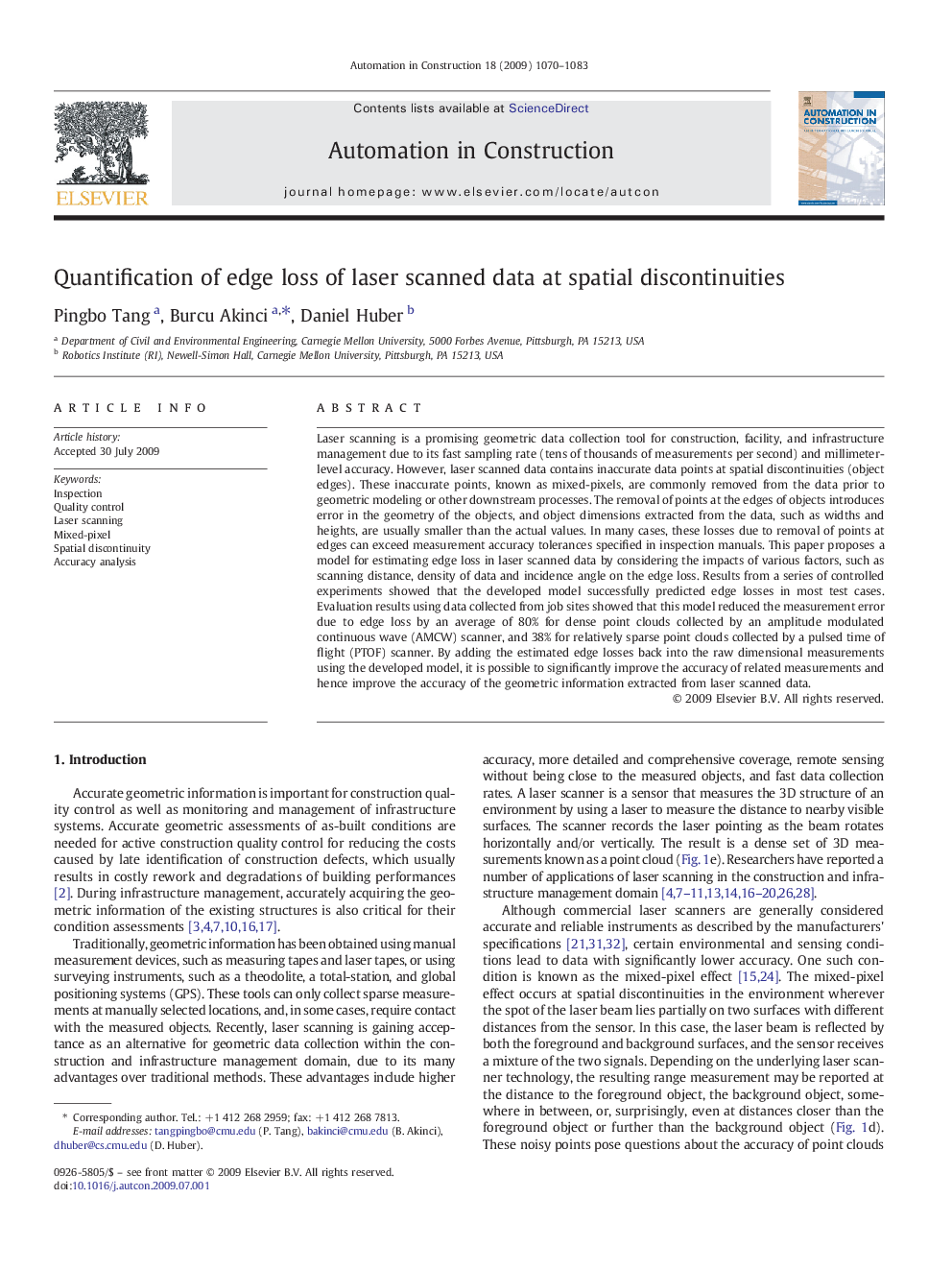 Quantification of edge loss of laser scanned data at spatial discontinuities