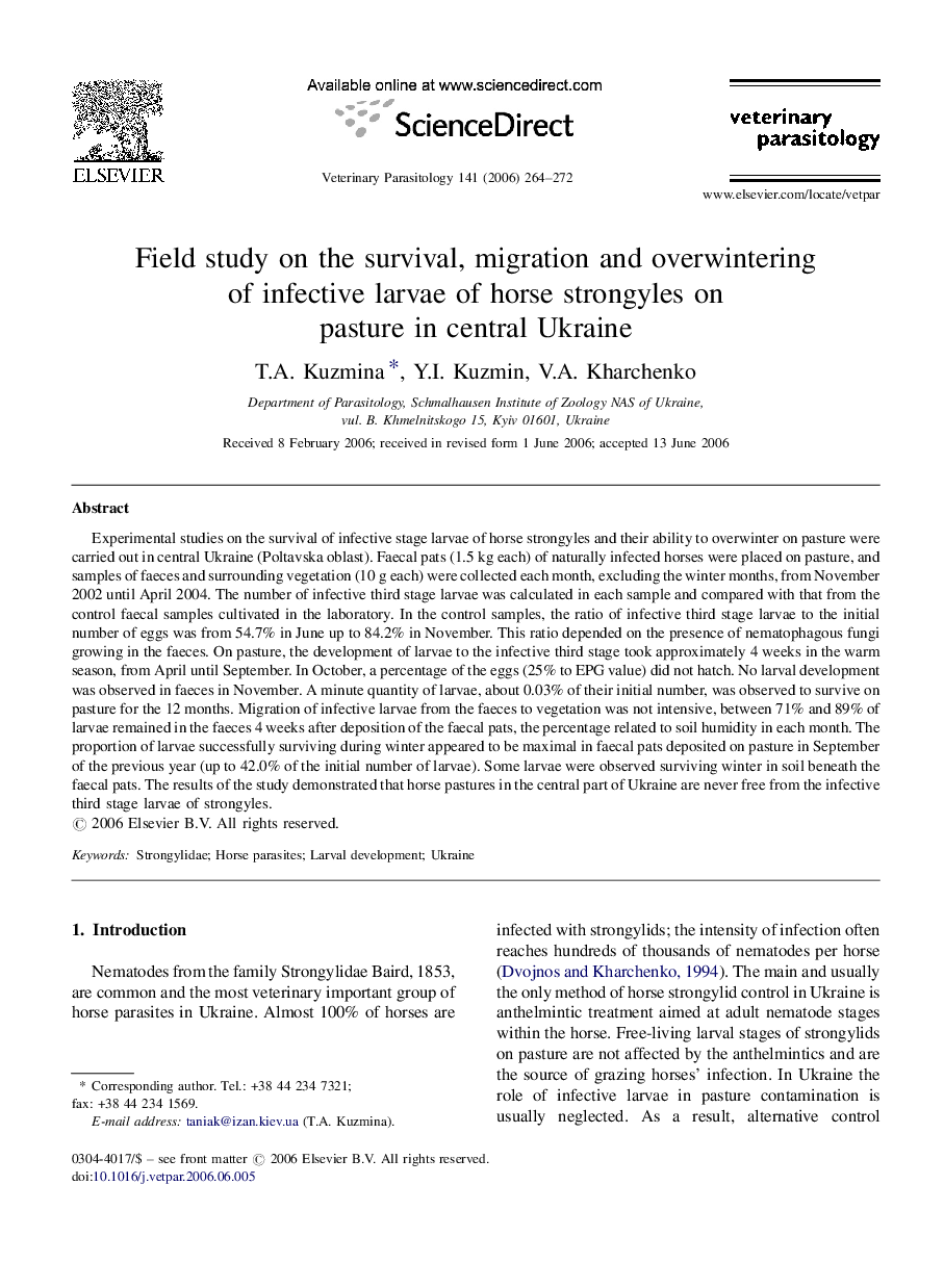 Field study on the survival, migration and overwintering of infective larvae of horse strongyles on pasture in central Ukraine