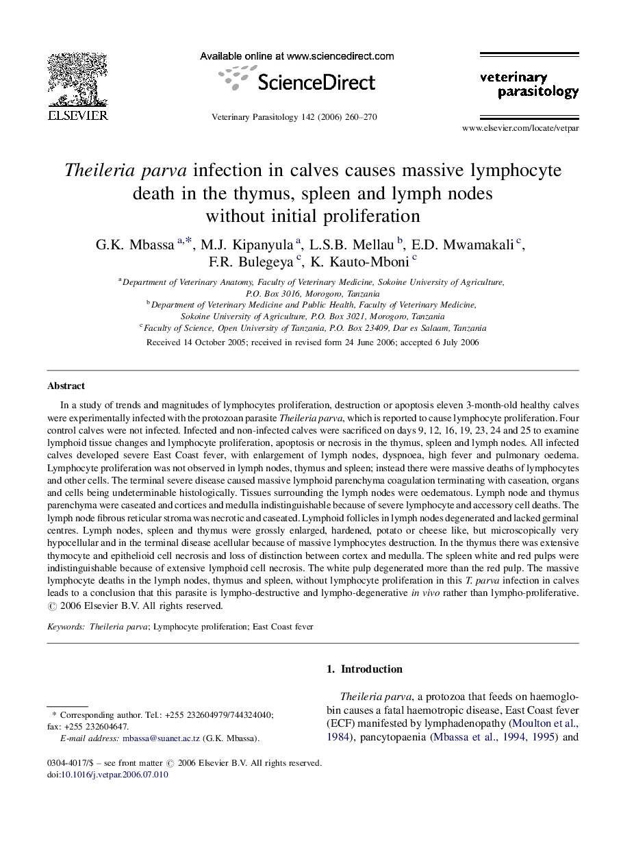 Theileria parva infection in calves causes massive lymphocyte death in the thymus, spleen and lymph nodes without initial proliferation