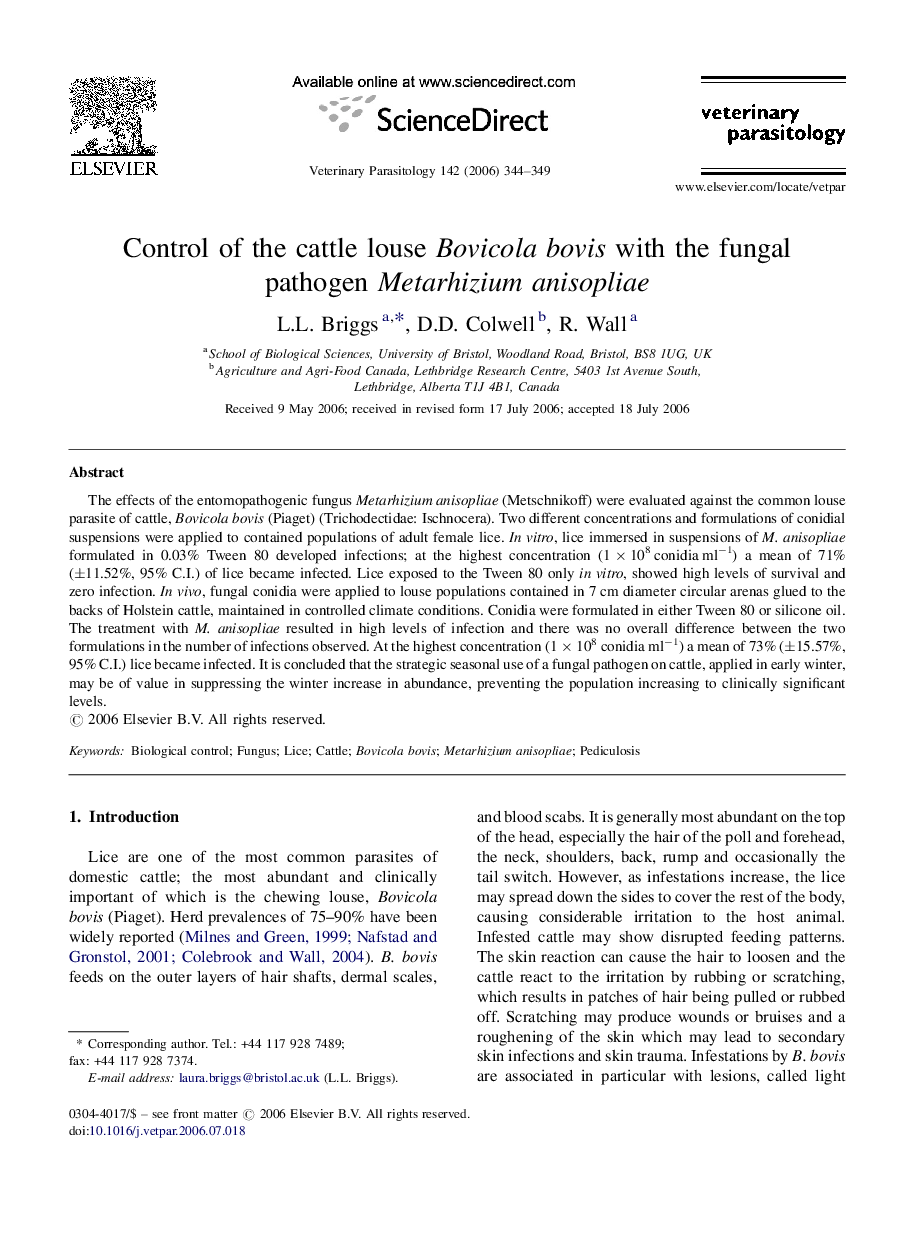 Control of the cattle louse Bovicola bovis with the fungal pathogen Metarhizium anisopliae