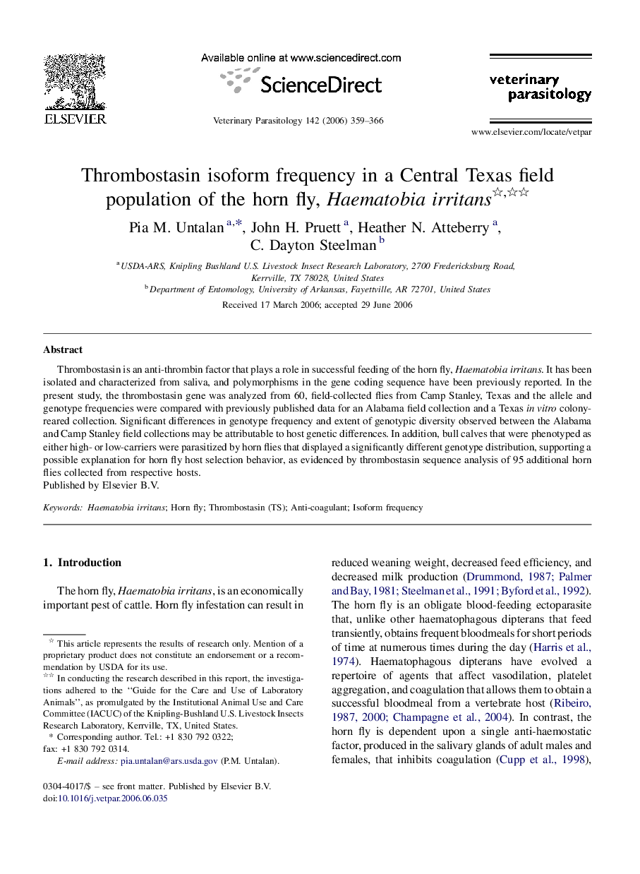 Thrombostasin isoform frequency in a Central Texas field population of the horn fly, Haematobia irritans 