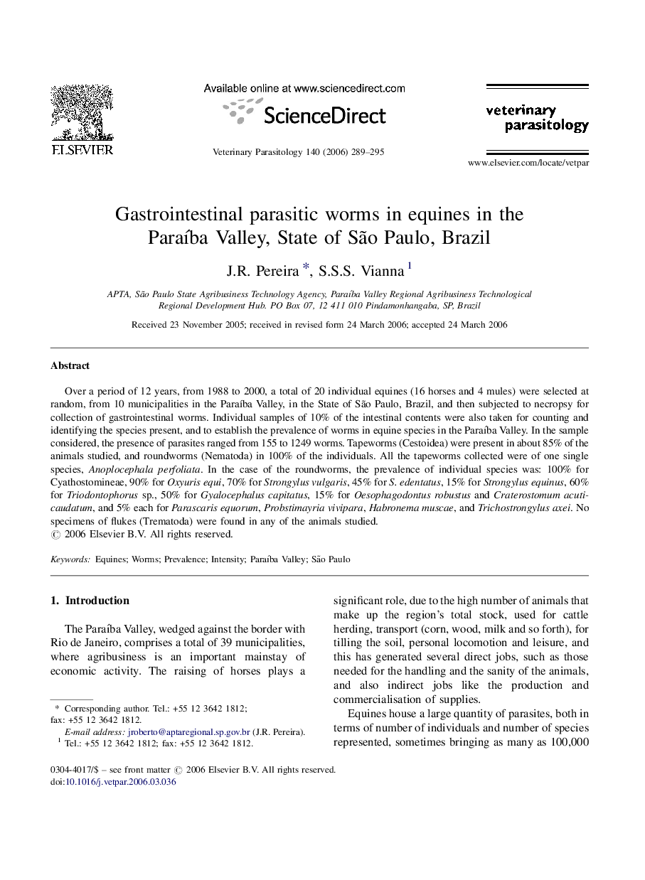 Gastrointestinal parasitic worms in equines in the Paraíba Valley, State of São Paulo, Brazil