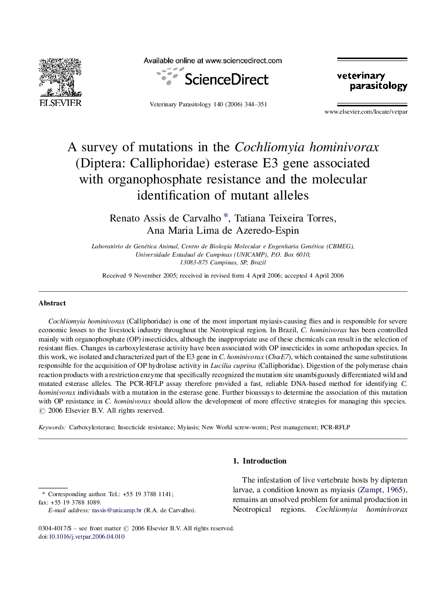 A survey of mutations in the Cochliomyia hominivorax (Diptera: Calliphoridae) esterase E3 gene associated with organophosphate resistance and the molecular identification of mutant alleles