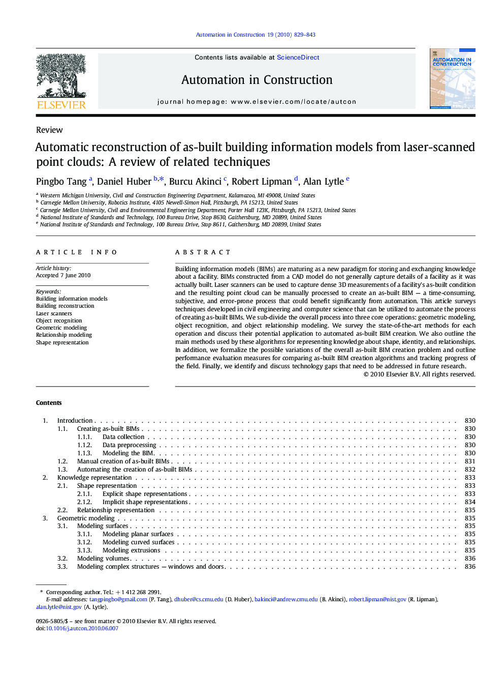 Automatic reconstruction of as-built building information models from laser-scanned point clouds: A review of related techniques