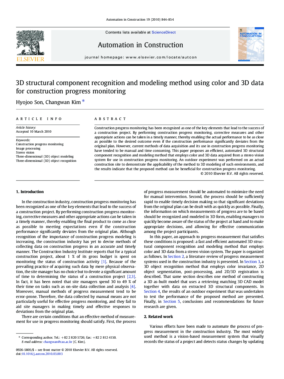 3D structural component recognition and modeling method using color and 3D data for construction progress monitoring