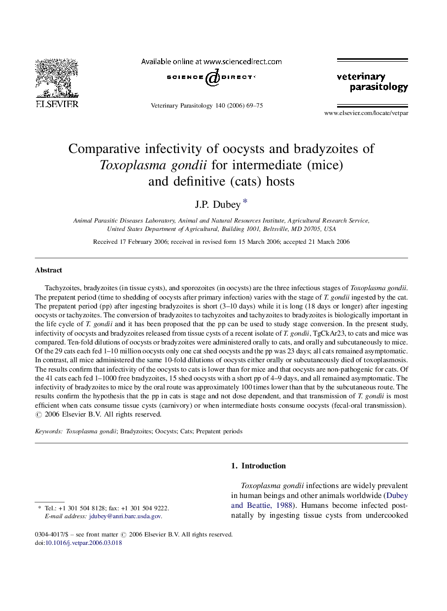 Comparative infectivity of oocysts and bradyzoites of Toxoplasma gondii for intermediate (mice) and definitive (cats) hosts