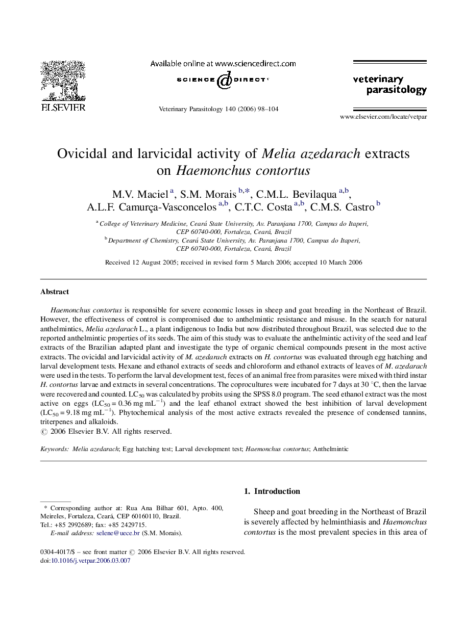 Ovicidal and larvicidal activity of Melia azedarach extracts on Haemonchus contortus