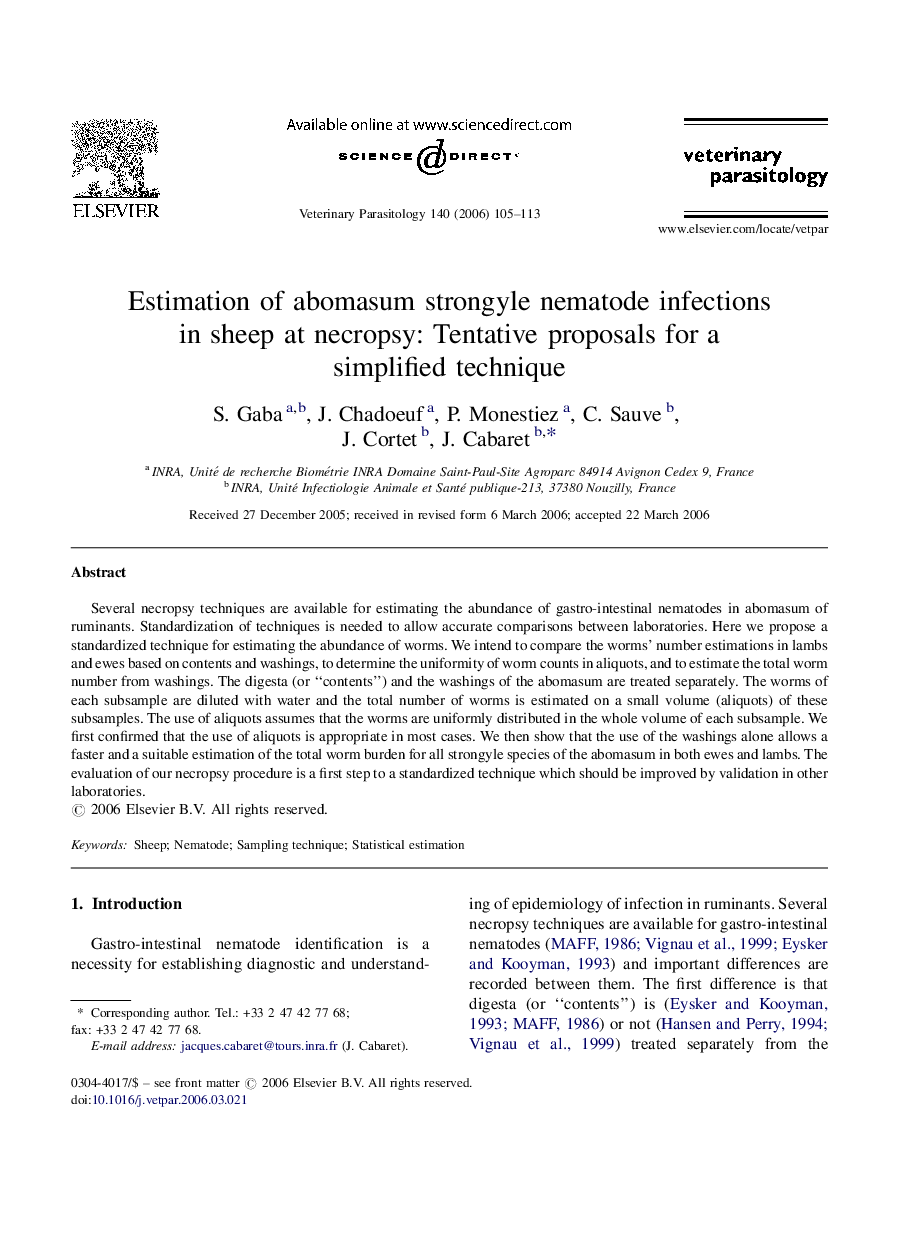 Estimation of abomasum strongyle nematode infections in sheep at necropsy: Tentative proposals for a simplified technique