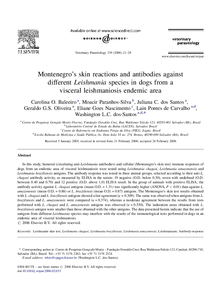 Montenegro's skin reactions and antibodies against different Leishmania species in dogs from a visceral leishmaniosis endemic area