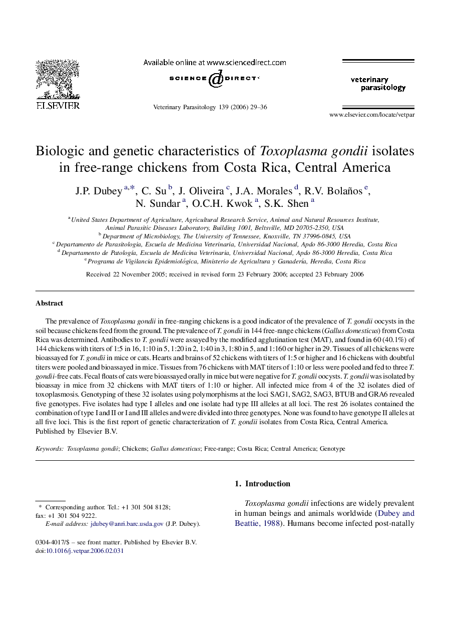 Biologic and genetic characteristics of Toxoplasma gondii isolates in free-range chickens from Costa Rica, Central America