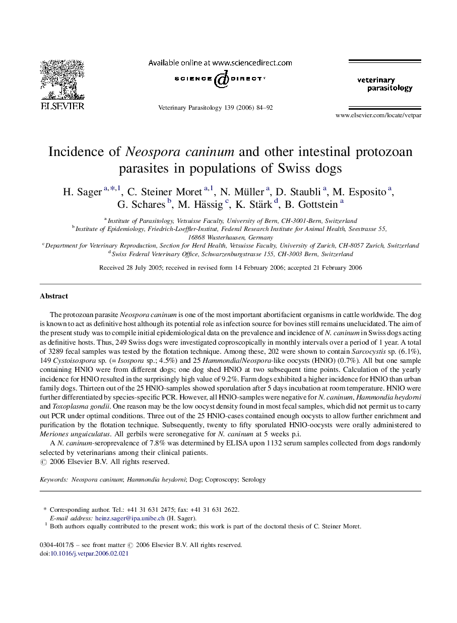 Incidence of Neospora caninum and other intestinal protozoan parasites in populations of Swiss dogs