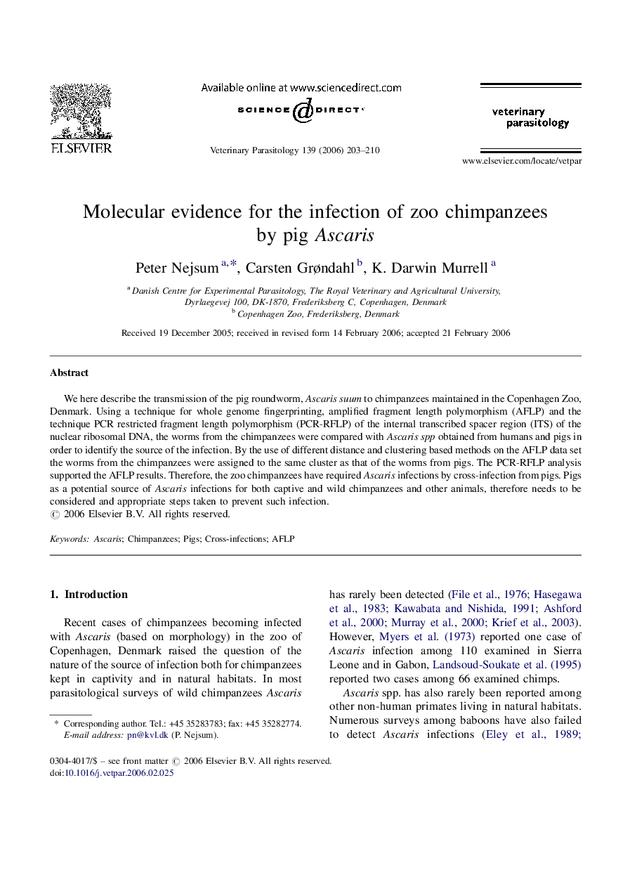 Molecular evidence for the infection of zoo chimpanzees by pig Ascaris