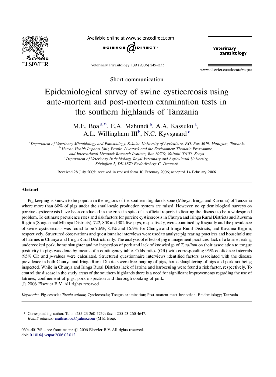 Epidemiological survey of swine cysticercosis using ante-mortem and post-mortem examination tests in the southern highlands of Tanzania