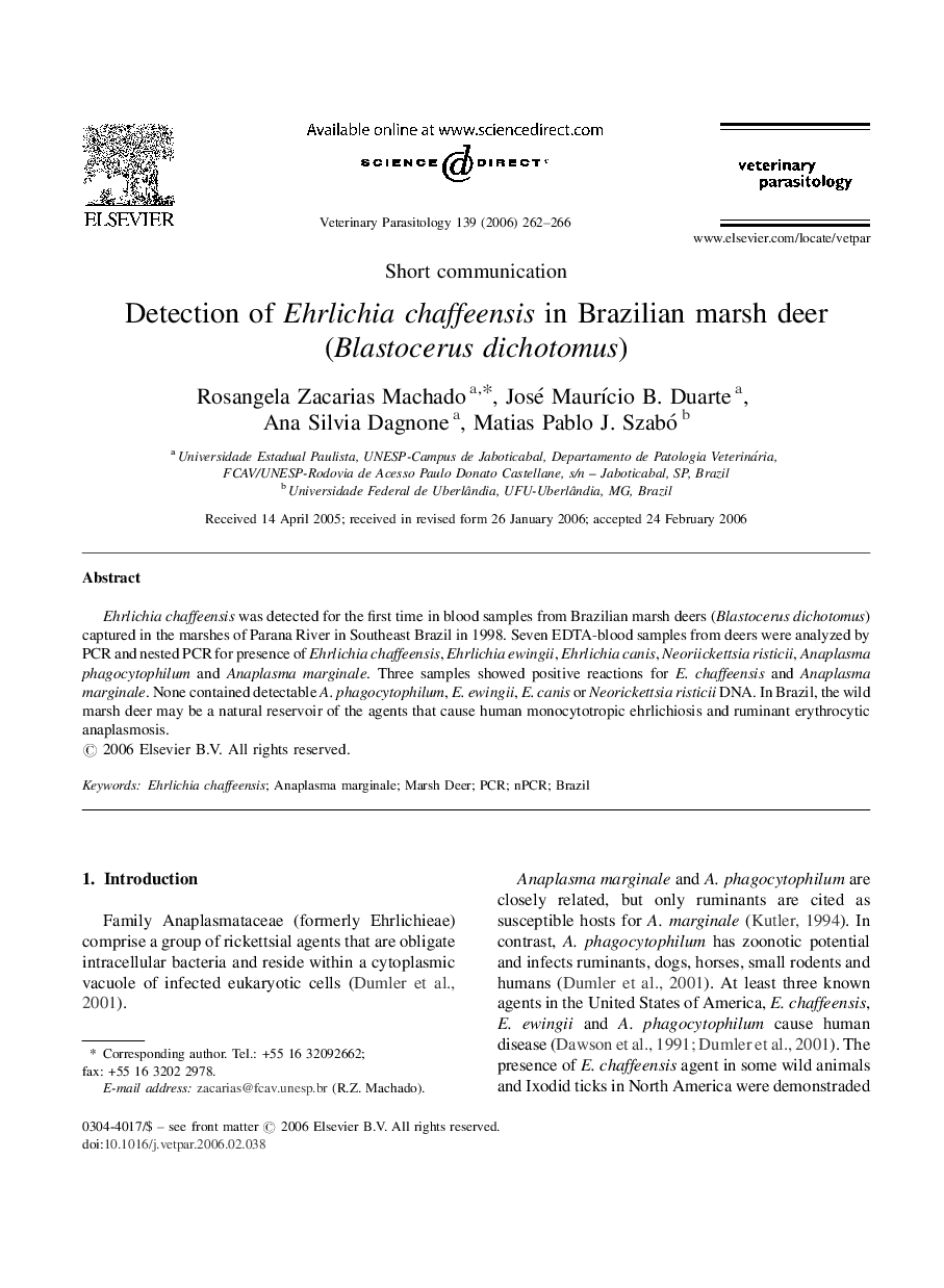 Detection of Ehrlichia chaffeensis in Brazilian marsh deer (Blastocerus dichotomus)