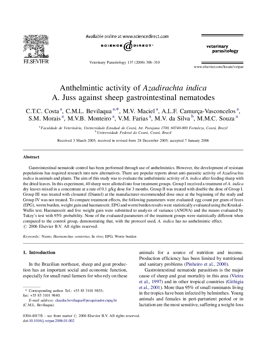 Anthelmintic activity of Azadirachta indica A. Juss against sheep gastrointestinal nematodes