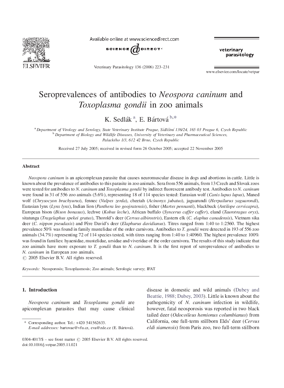 Seroprevalences of antibodies to Neospora caninum and Toxoplasma gondii in zoo animals