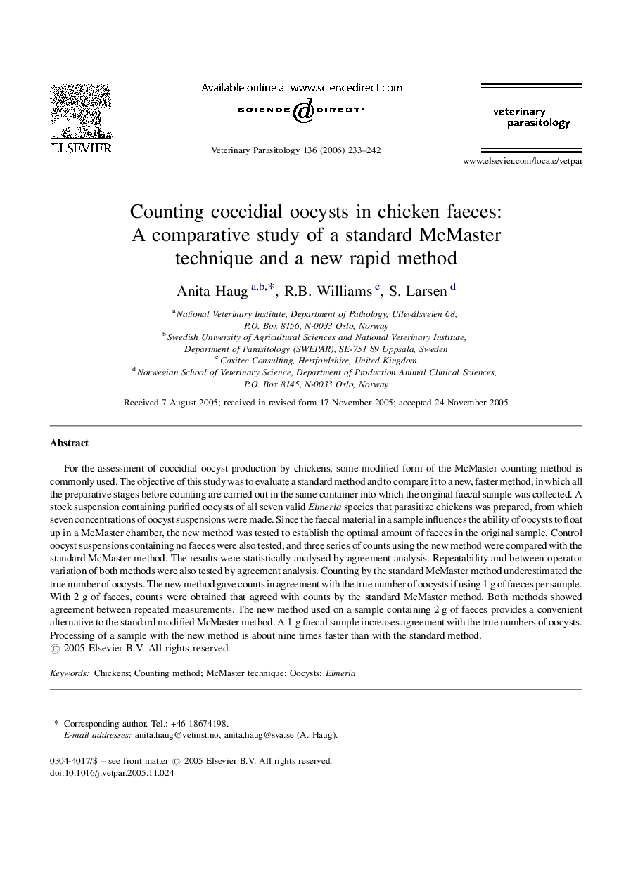 Counting coccidial oocysts in chicken faeces: A comparative study of a standard McMaster technique and a new rapid method