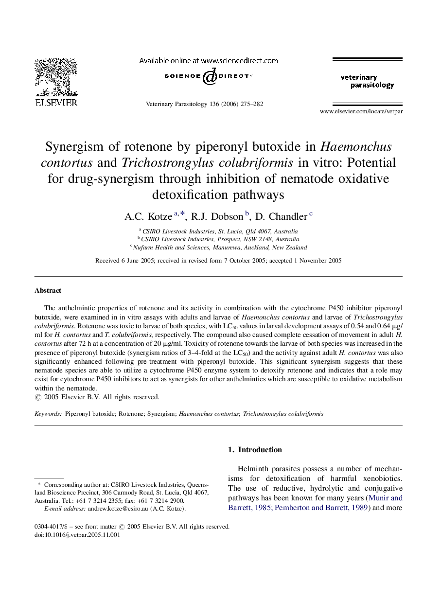 Synergism of rotenone by piperonyl butoxide in Haemonchus contortus and Trichostrongylus colubriformis in vitro: Potential for drug-synergism through inhibition of nematode oxidative detoxification pathways