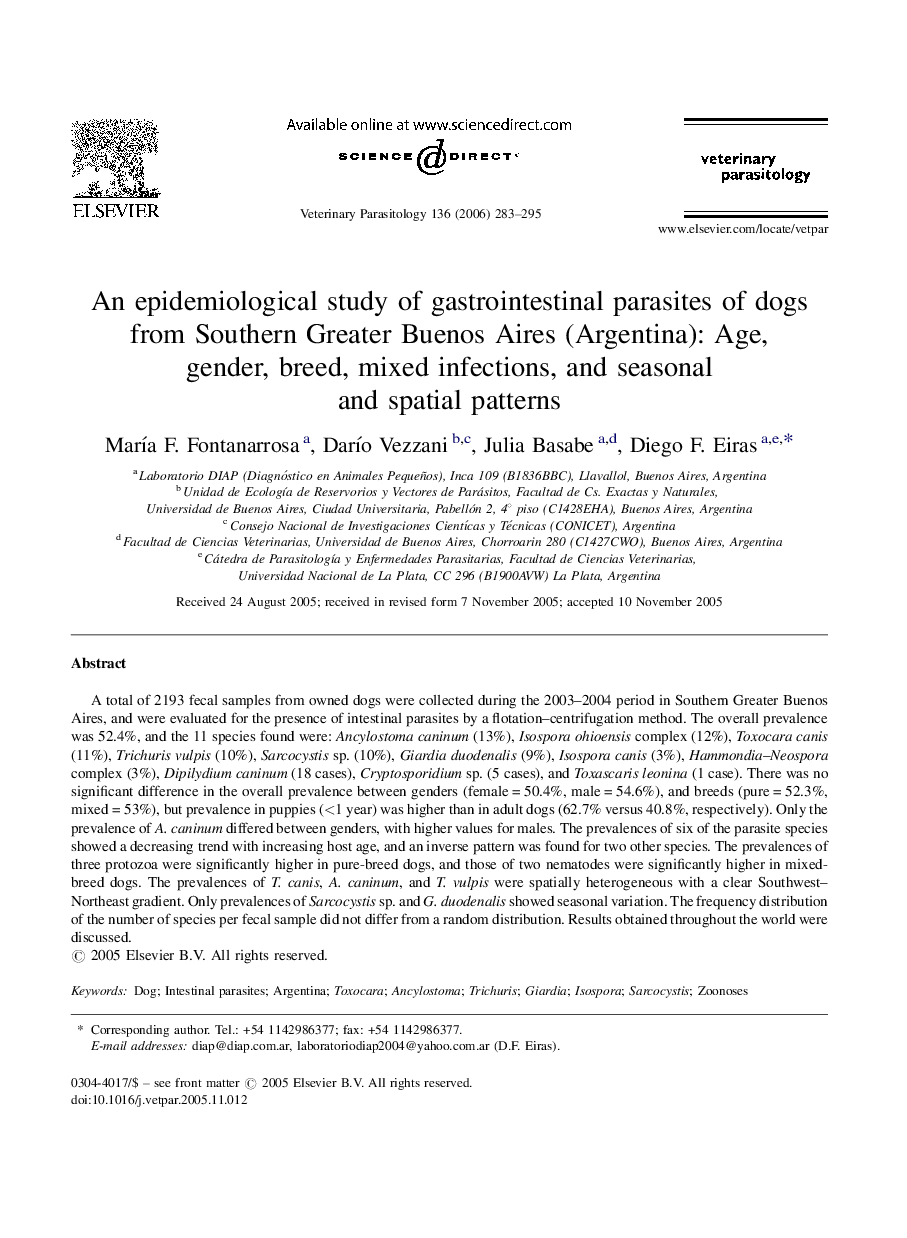 An epidemiological study of gastrointestinal parasites of dogs from Southern Greater Buenos Aires (Argentina): Age, gender, breed, mixed infections, and seasonal and spatial patterns