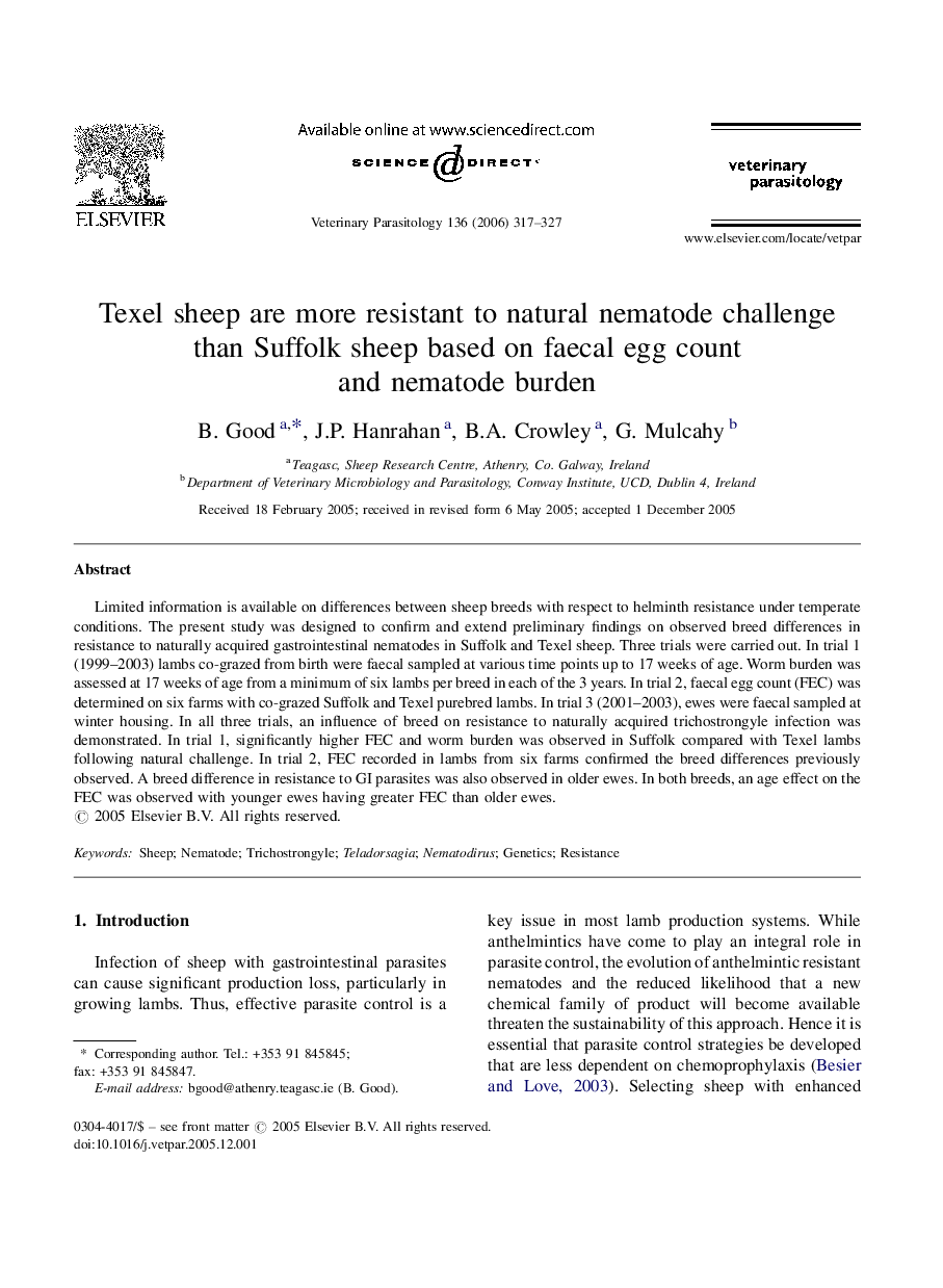 Texel sheep are more resistant to natural nematode challenge than Suffolk sheep based on faecal egg count and nematode burden